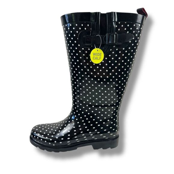 Copelli Women's Size 7 Wide Calf Rain Boots Black White Polka Dots Tall NWT - Picture 1 of 9